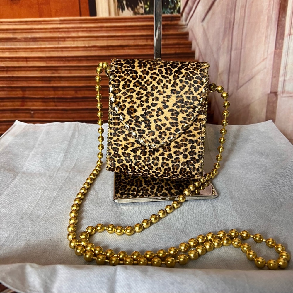 Vintage leopard calf fur and leather crossbody bag, beaded gold chain, excellent